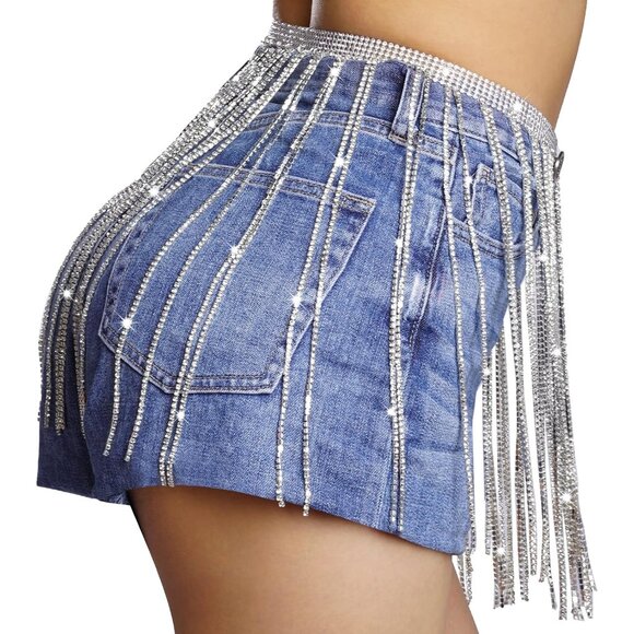 Silver Rhinestone Waist Chain Belt for Women, Festive Body Jewelry - Picture 3 of 7